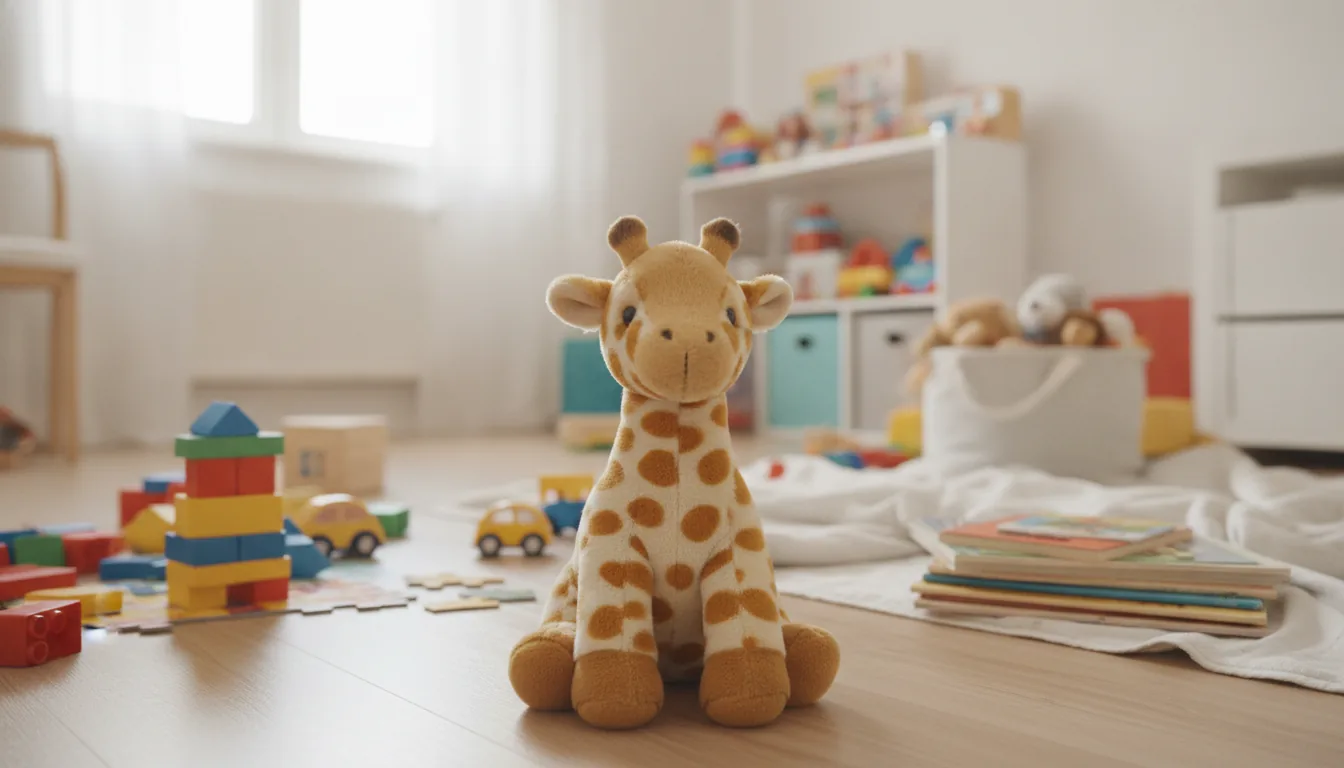 KI-generiertes Beispielfoto: abgeliebte Plüsch-Giraffe sitzt in einem vollen Kinderzimmer voller Spielsachen