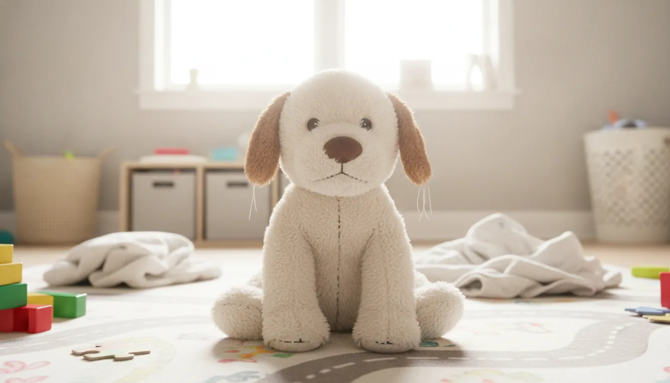 KI-generiertes Beispielfoto: Plüsch-Hund sitzt auf einem Spielteppich im Kinderzimmer zwischen Bauklötzen