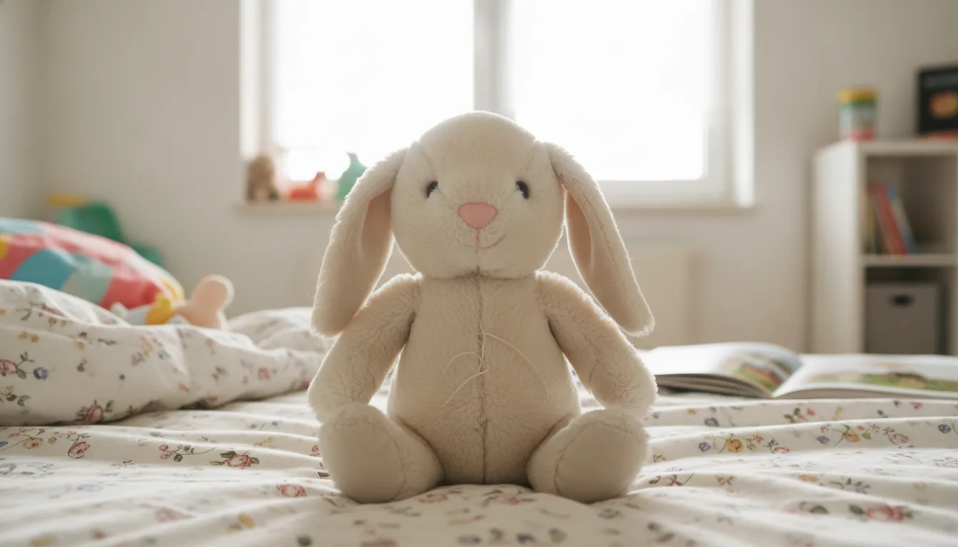 KI-generiertes Beispielfoto: cremeweißer Plüsch-Hase auf einem Kinderbett