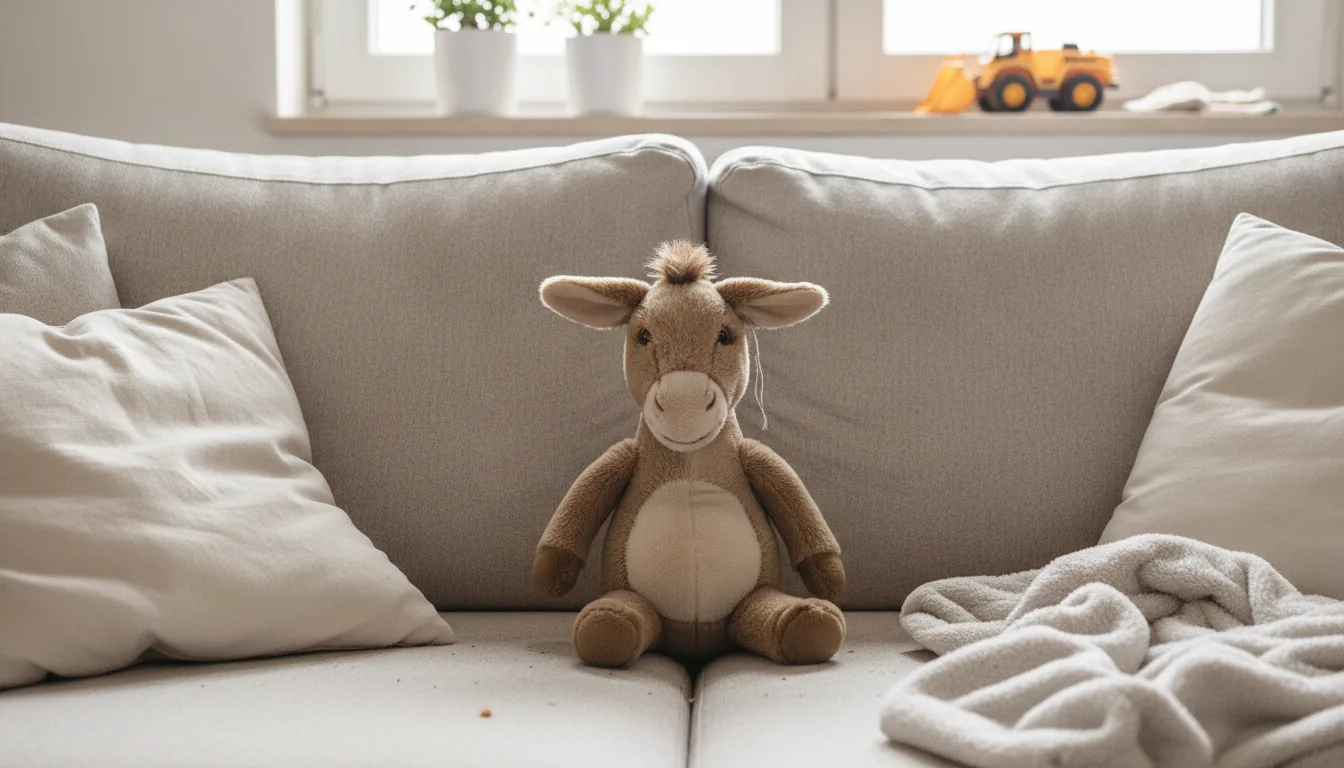KI-generiertes Beispielfoto: Plüsch-Esel sitzt auf der Sitzfläche eines Wohnzimmersofas