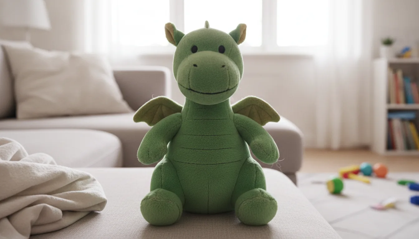 KI-generiertes Beispielfoto: grüner Plüsch-Drache auf dem Sofa im Wohnzimmer