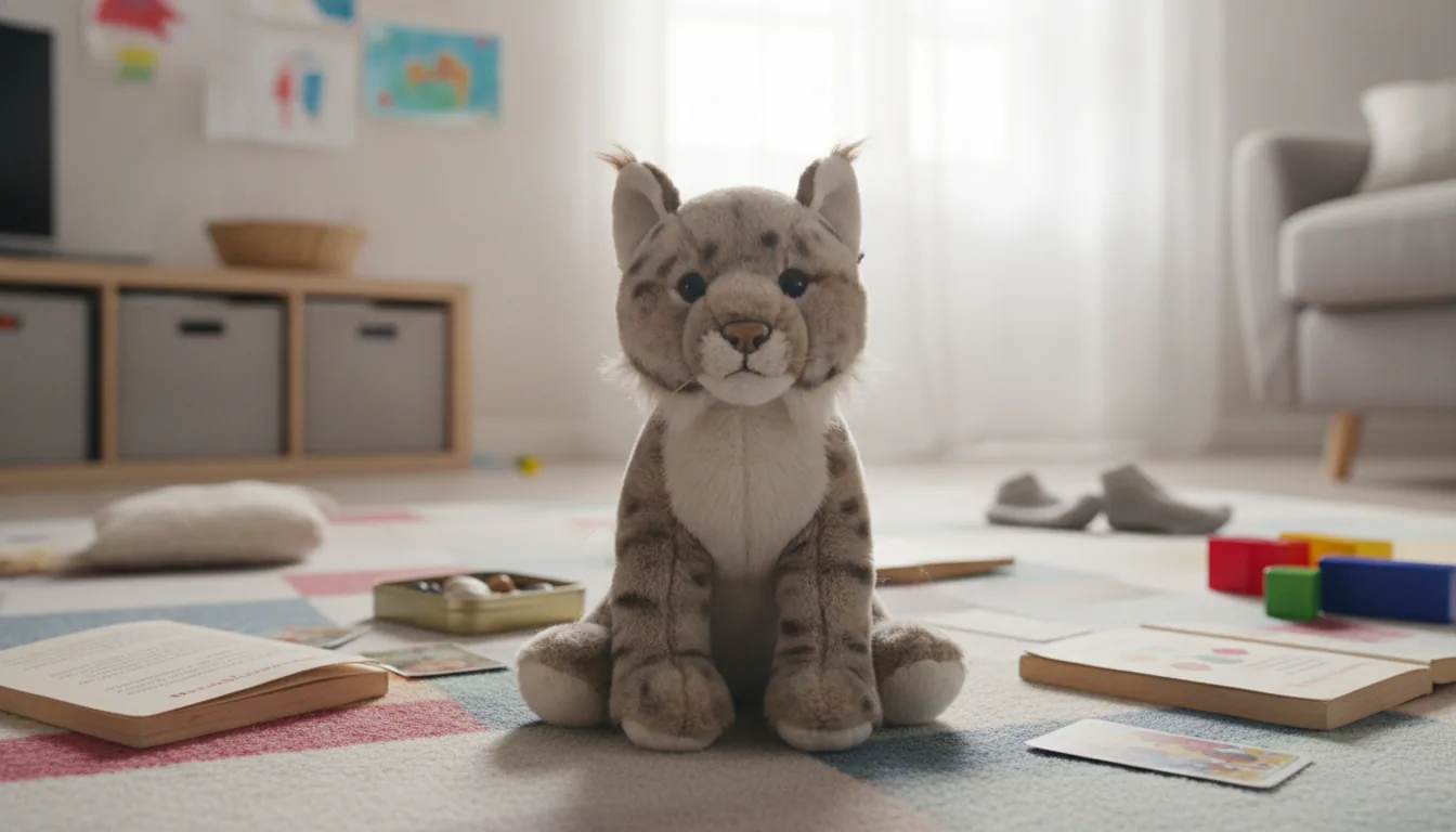 KI-generiertes Beispielfoto: Plüsch-Luchs sitzt auf einem Spielteppich im Wohnzimmer zwischen Büchern und einer Sammelkiste