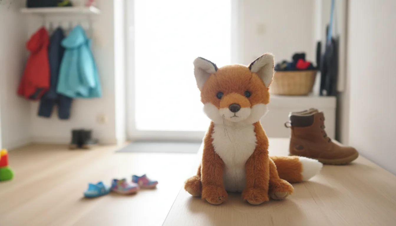 KI-generiertes Beispielfoto: Plüsch-Fuchs sitzt auf einer Holzbank im hellen Flur neben einem Kinderstiefel