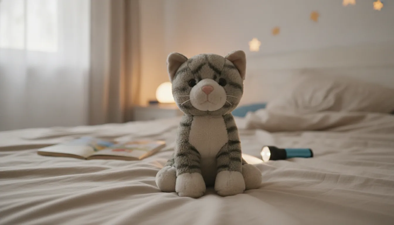 KI-generiertes Beispielfoto: getigerte Plüsch-Katze auf einem Kinderbett neben einer warmen Nachttischlampe