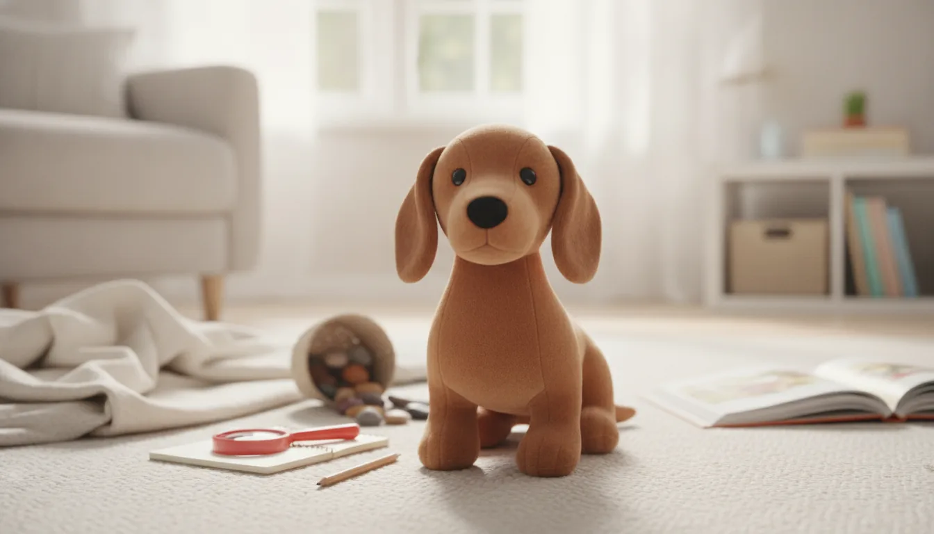 KI-generiertes Beispielfoto: Plüsch-Dackel sitzt auf einem Wohnzimmerteppich, daneben eine Kinderlupe aus Plastik und ein kleines Notizbuch