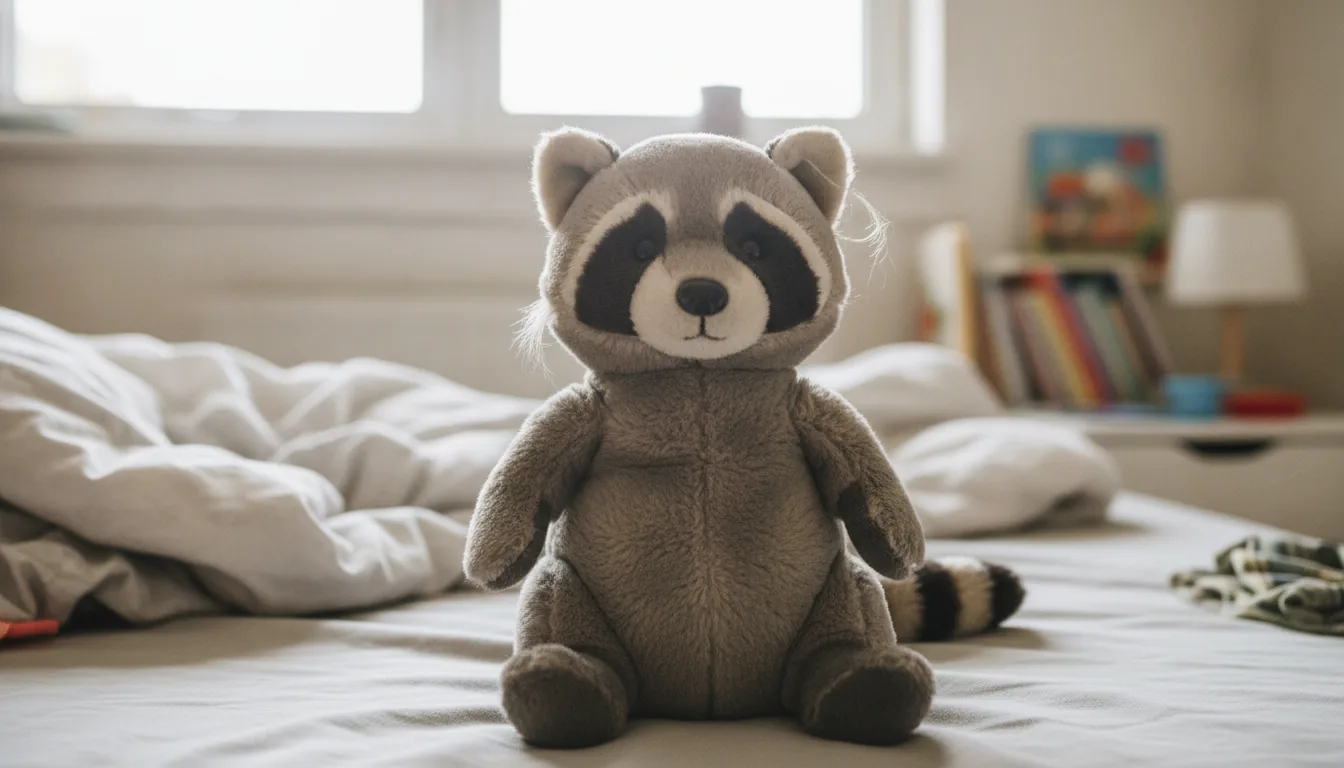 KI-generiertes Beispielfoto: Plüsch-Waschbär sitzt auf einem Kinderbett mit zerwühlter Decke