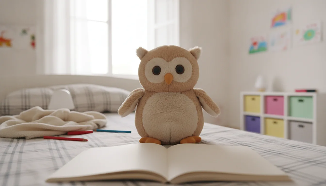 KI-generiertes Beispielfoto: Plüsch-Eule sitzt auf einem Kinderbettdeckbett neben einem aufgeschlagenen Buch mit leeren Seiten