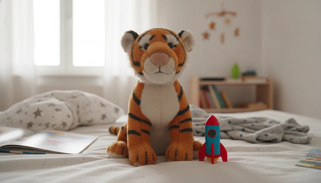 KI-generiertes Beispielfoto: Plüsch-Tiger sitzt auf einem Kinderbett, daneben eine kleine Spielzeugrakete