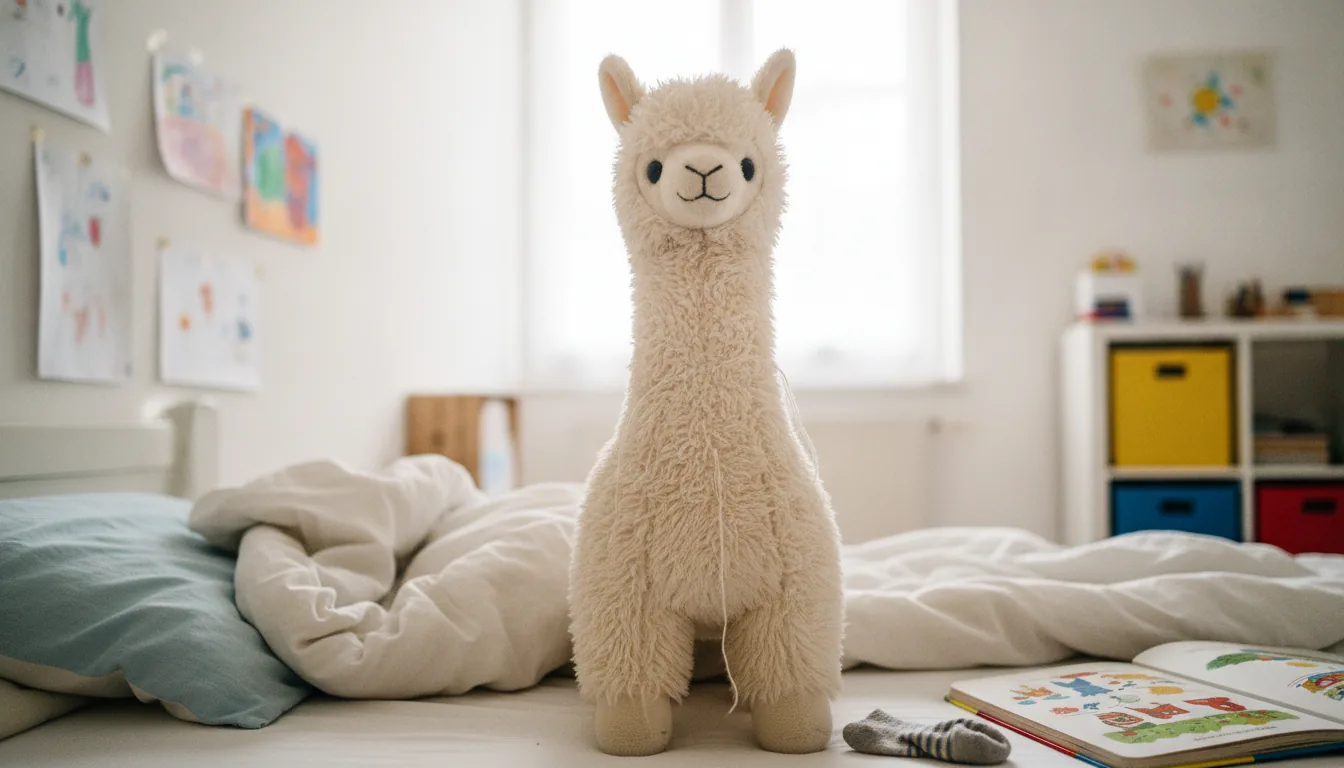 KI-generiertes Beispielfoto: Plüsch-Alpaka auf einem Kinderbett am hellen Morgen