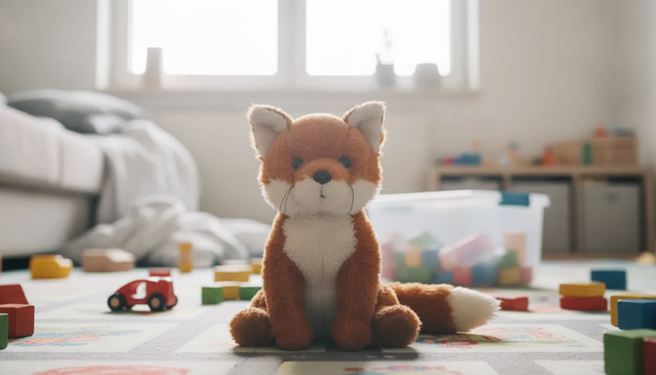 KI-generiertes Beispielfoto: Plüsch-Fuchs auf einem Spielteppich im Kinderzimmer