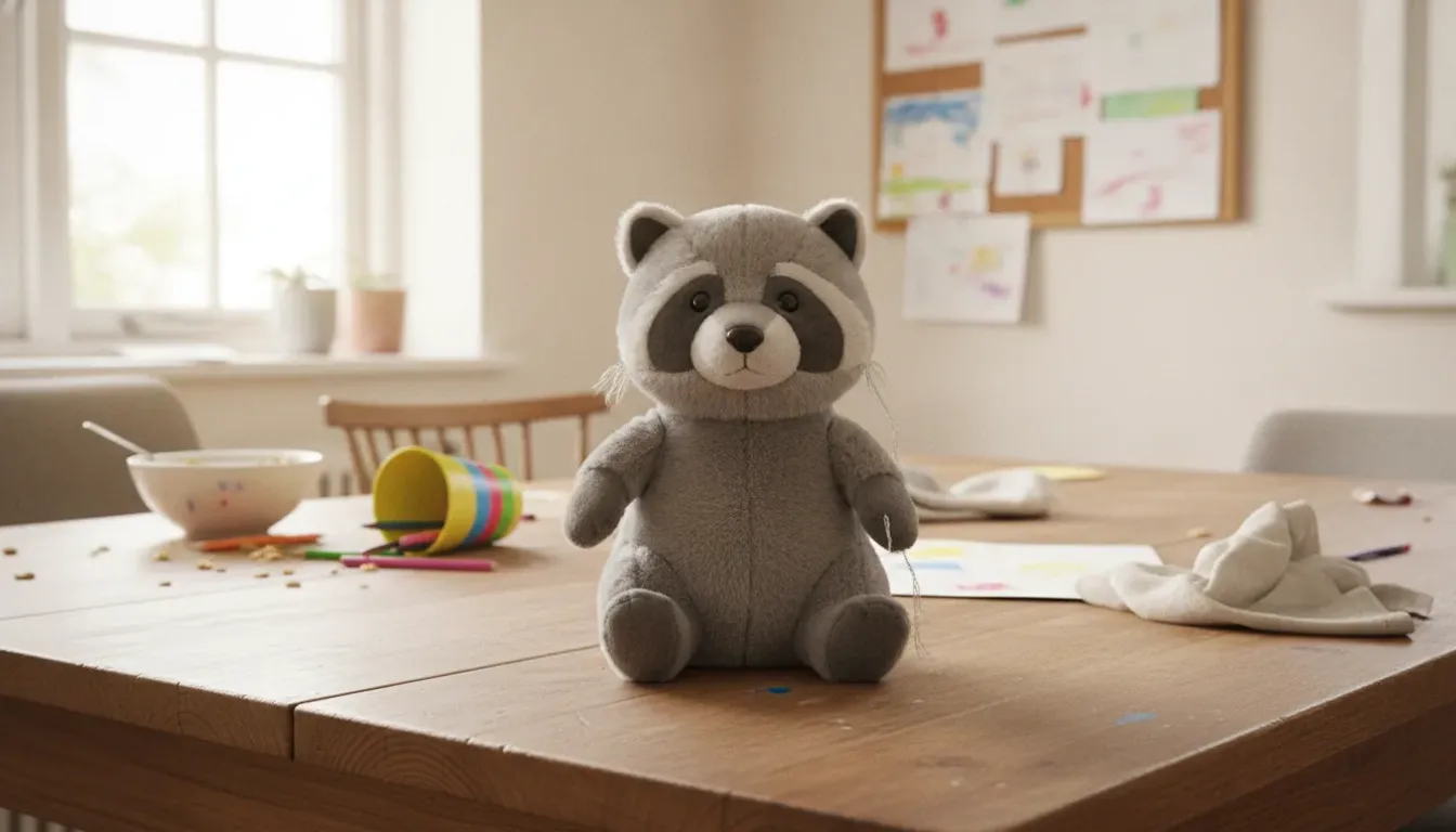 KI-generiertes Beispielfoto: Plüsch-Waschbär sitzt auf einem Küchentisch