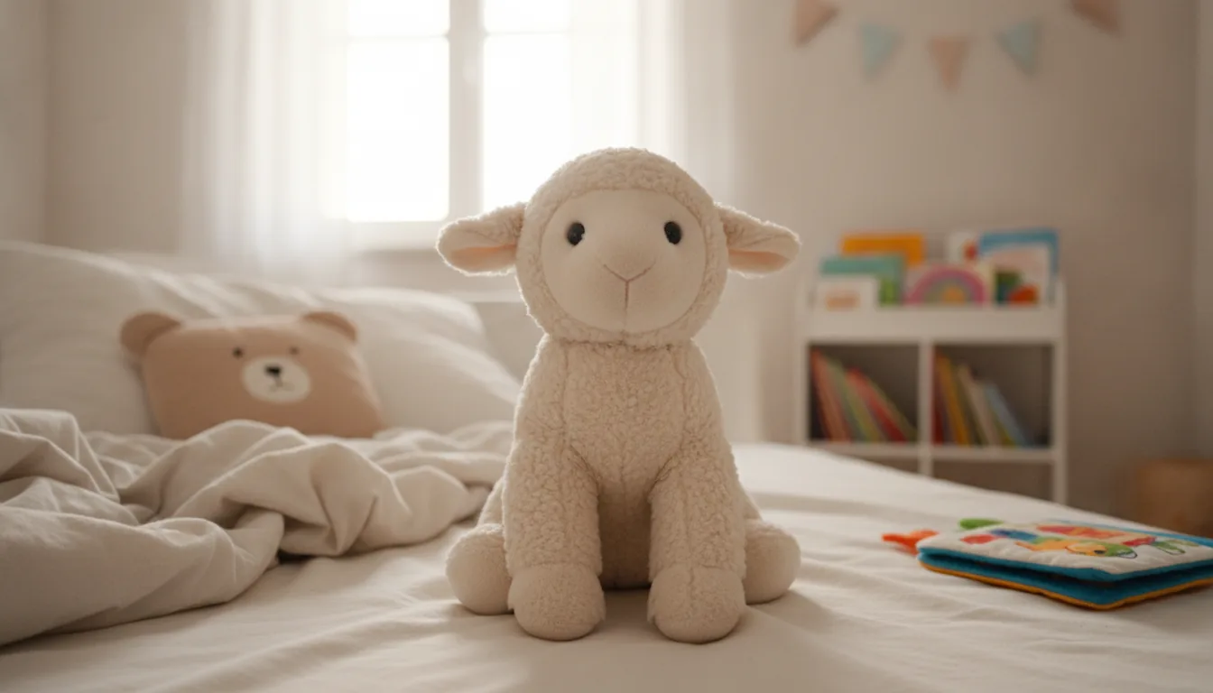 KI-generiertes Beispielfoto: abgeliebtes cremeweißes Plüsch-Lamm sitzt in einem hellen Kinderbett