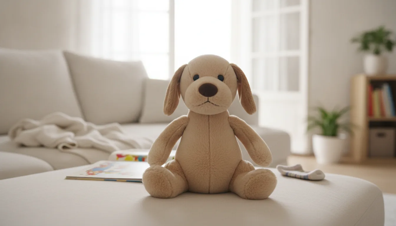 KI-generiertes Beispielfoto: Plüsch-Hund mit Schlappohren sitzt frontal auf einem hellen Sofa im Wohnzimmer