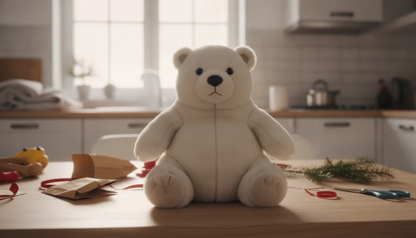 KI-generiertes Beispielfoto: abgeliebter Plüsch-Eisbär sitzt zwischen Papiertütchen und Bastelmaterial auf dem Küchentisch