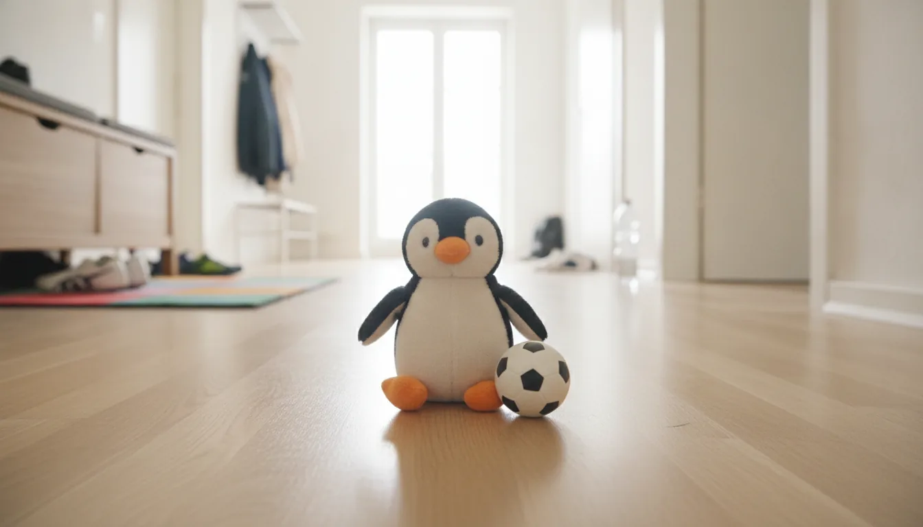 KI-generiertes Beispielfoto: Plüsch-Pinguin sitzt im Flur neben einem kleinen Spielzeug-Fußball und Kinderfußballschuhen