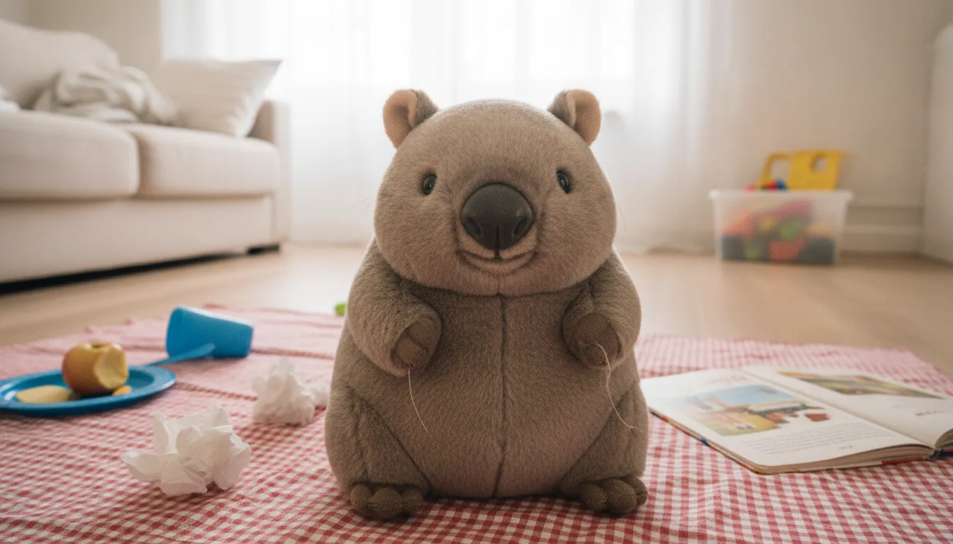 KI-generiertes Beispielfoto: Plüsch-Wombat sitzt auf einer Picknickdecke im Wohnzimmer