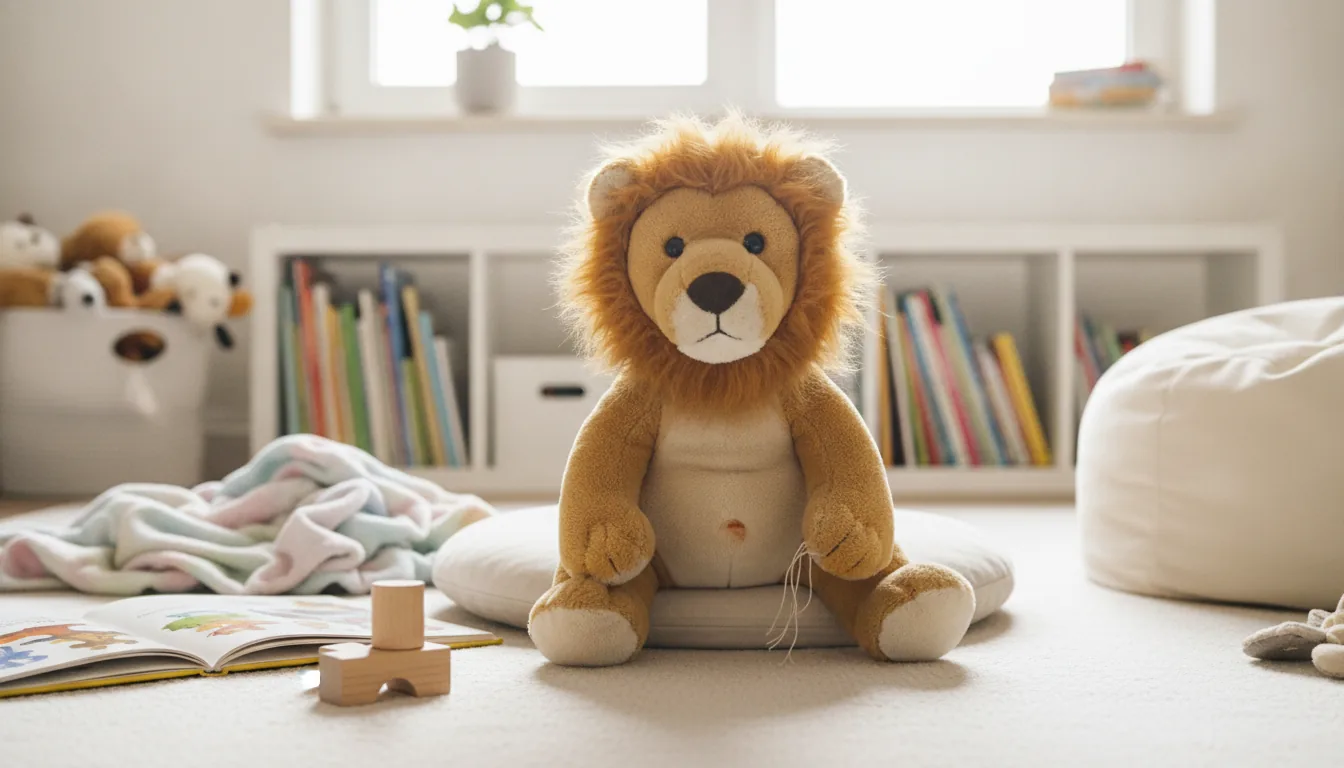 KI-generiertes Beispielfoto: Plüsch-Löwe sitzt auf einem Sitzkissen vor einem Bücherregal im Kinderzimmer