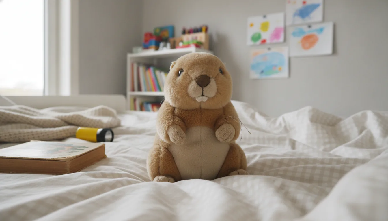 KI-generiertes Beispielfoto: Plüsch-Murmeltier sitzt auf einer zerwühlten Bettdecke im Kinderzimmer
