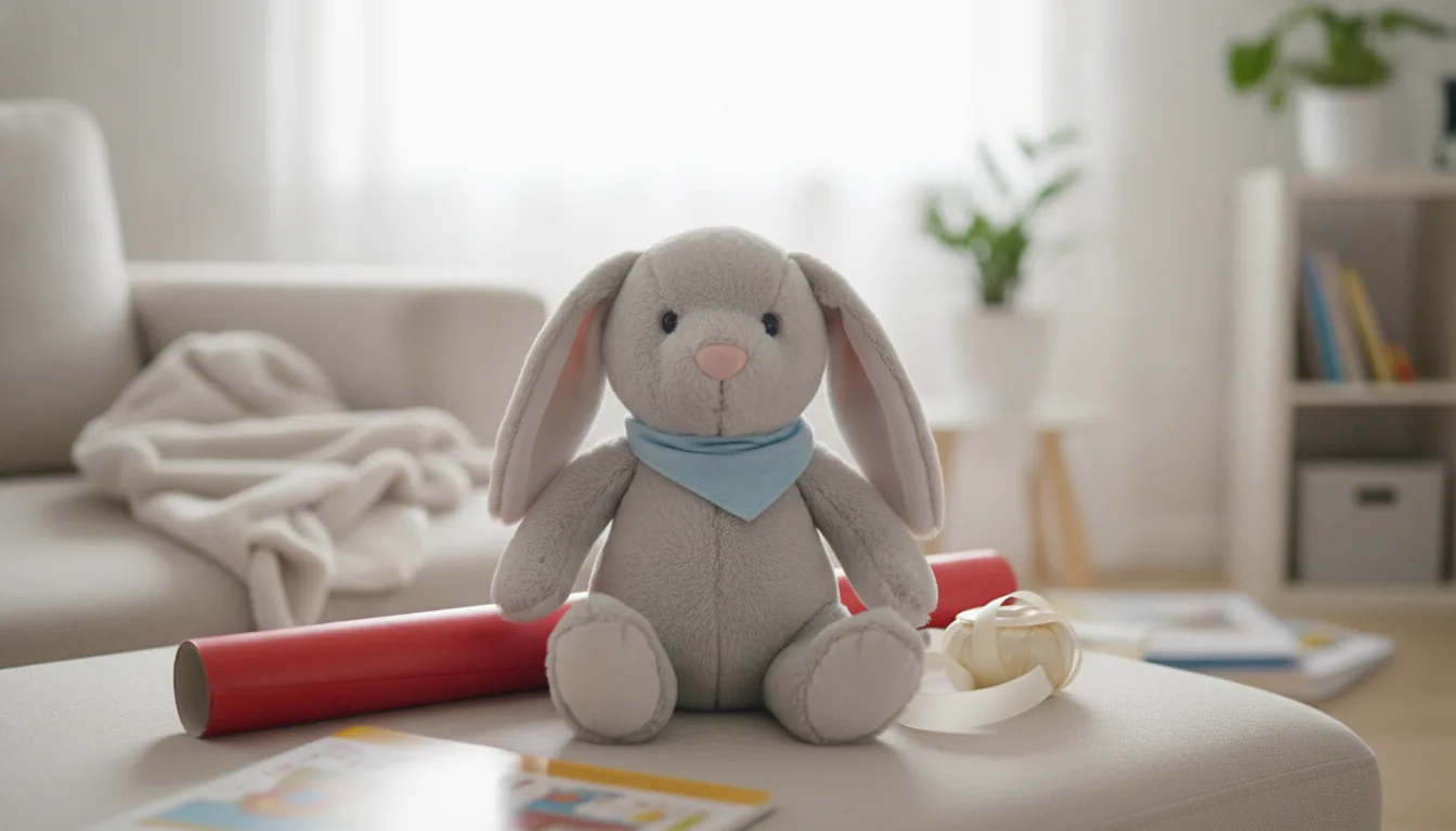 KI-generiertes Beispielfoto: hellgrauer Plüsch-Hase mit blauem Halstuch sitzt auf einem Sofa neben einem angefangenen Geschenkpapier