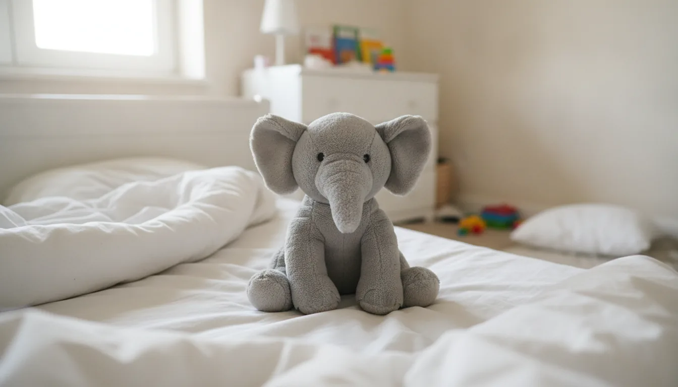 KI-generiertes Beispielfoto: Plüsch-Elefant auf einem Kinderbett