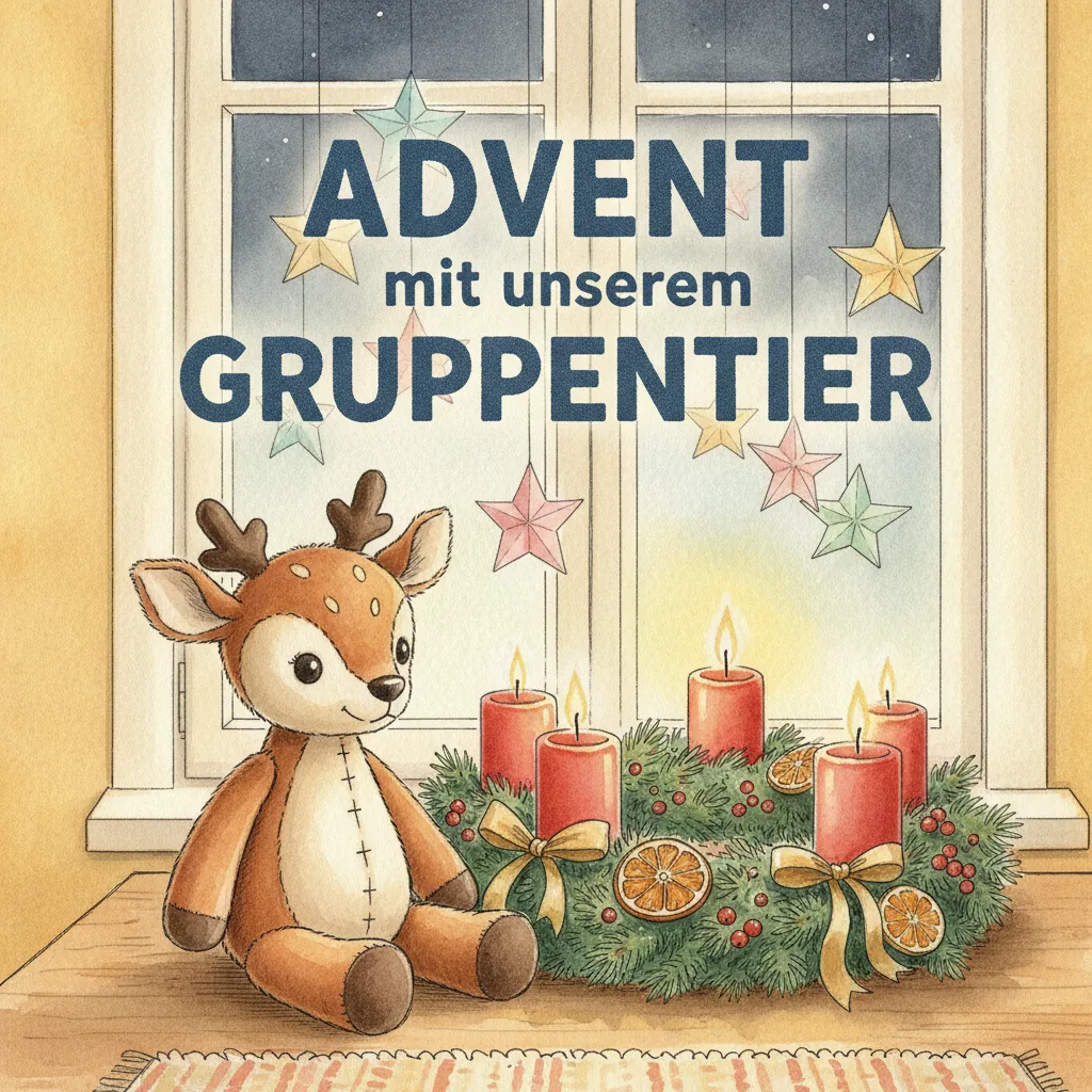 Beispiel-Buchcover „Advent mit unserem Gruppentier“ für ein Gruppenbuch zum Thema Weihnachten in der Gruppe