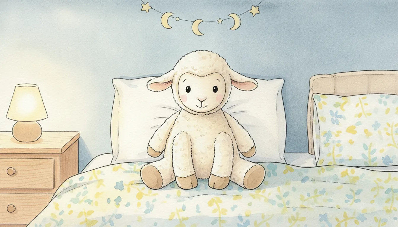Cremeweißes Plüsch-Lamm sitzt aufrecht in einem gemütlichen Kinderbett, als warmes Aquarell illustriert