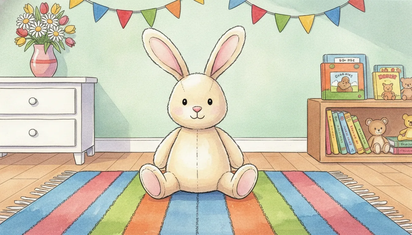 Cremeweißer Plüsch-Hase mit langen Schlappohren sitzt im Kinderzimmer, als warmes Aquarell illustriert