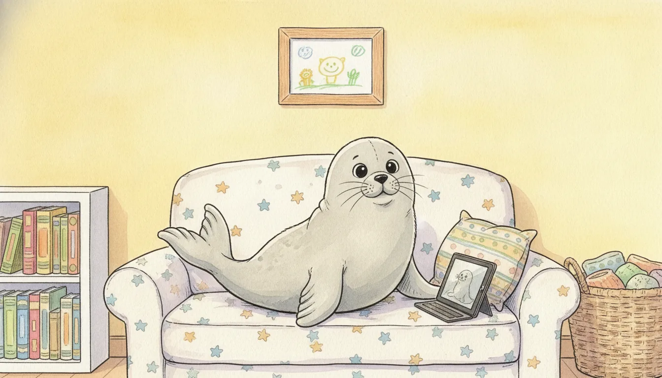Plüsch-Robbe sitzt auf einem Sofa neben einem Tablet, als warmes Aquarell illustriert