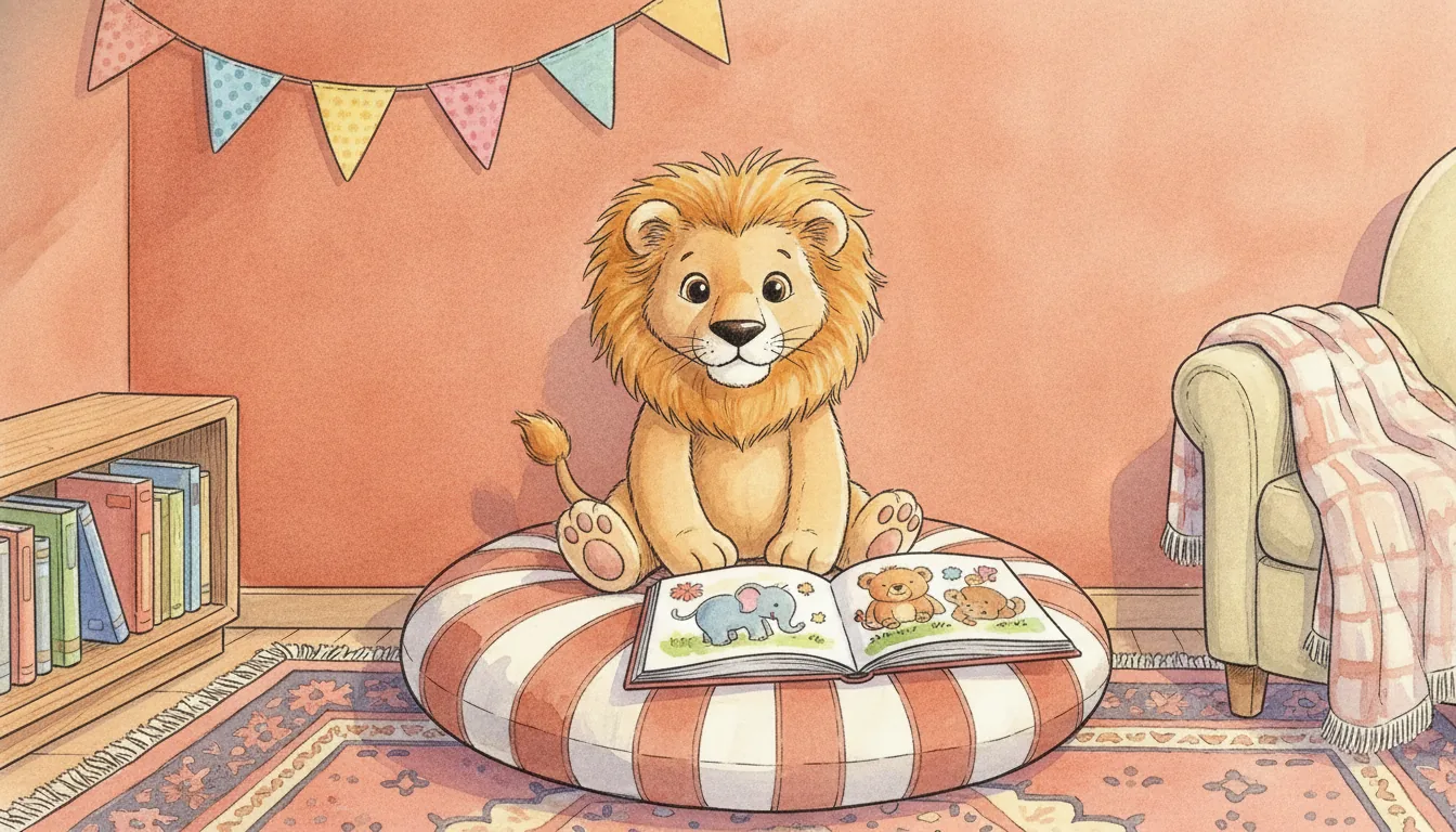 Plüsch-Löwe sitzt auf einem Sitzkissen vor einem niedrigen Bücherregal, als warmes Aquarell illustriert