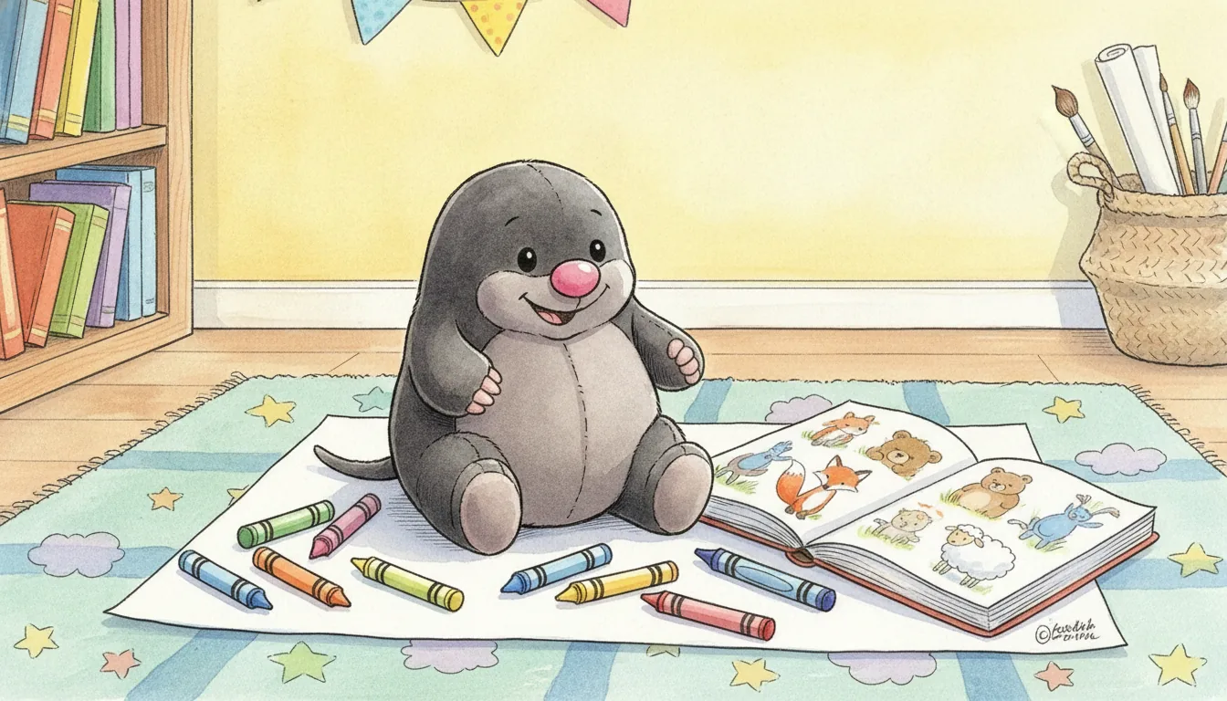 Plüsch-Maulwurf sitzt zwischen Wachsmalstiften und Papier auf einem Spielteppich, als warmes Aquarell illustriert