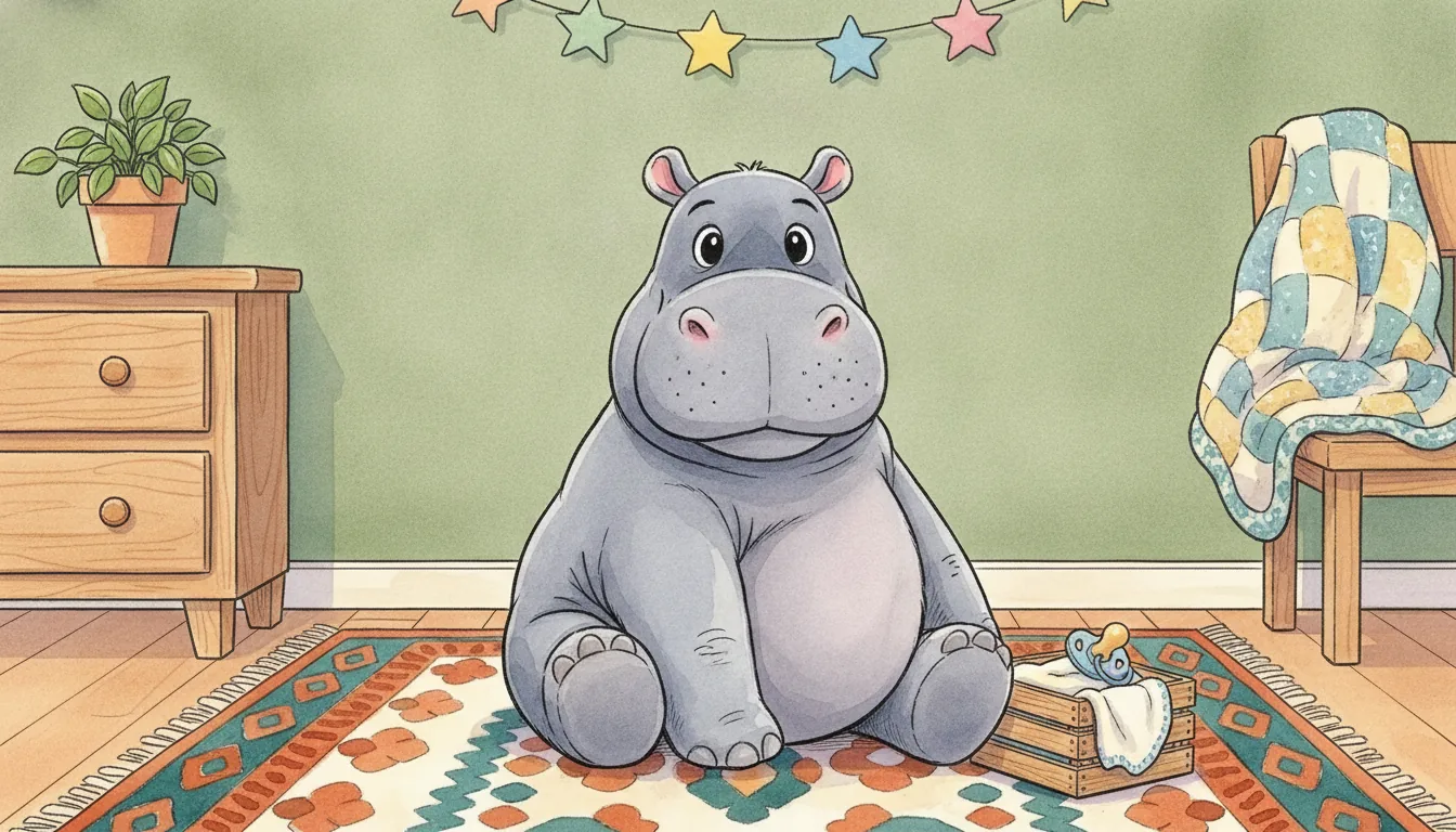 Plüsch-Nilpferd sitzt mutig neben einer kleinen offenen Holzkiste, als warmes Aquarell illustriert