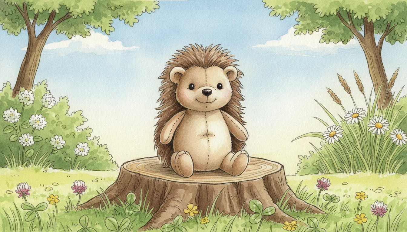 Plüsch-Igel sitzt auf einem niedrigen Baumstamm am Rand einer sonnigen Wiese, als warmes Aquarell illustriert