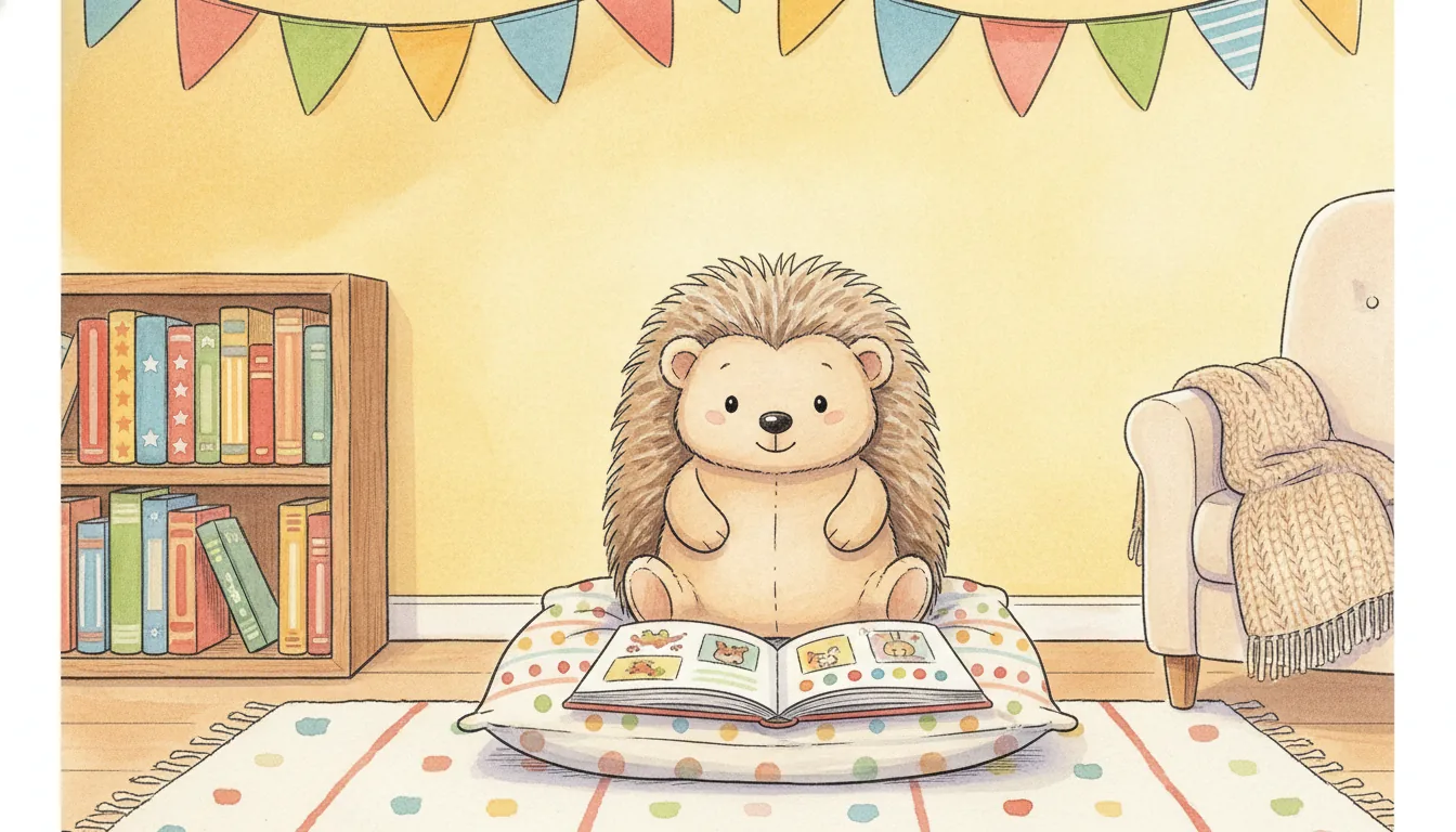 Plüsch-Igel sitzt mit einem aufgeschlagenen Bilderbuch in einer gemütlichen Leseecke, als warmes Aquarell illustriert