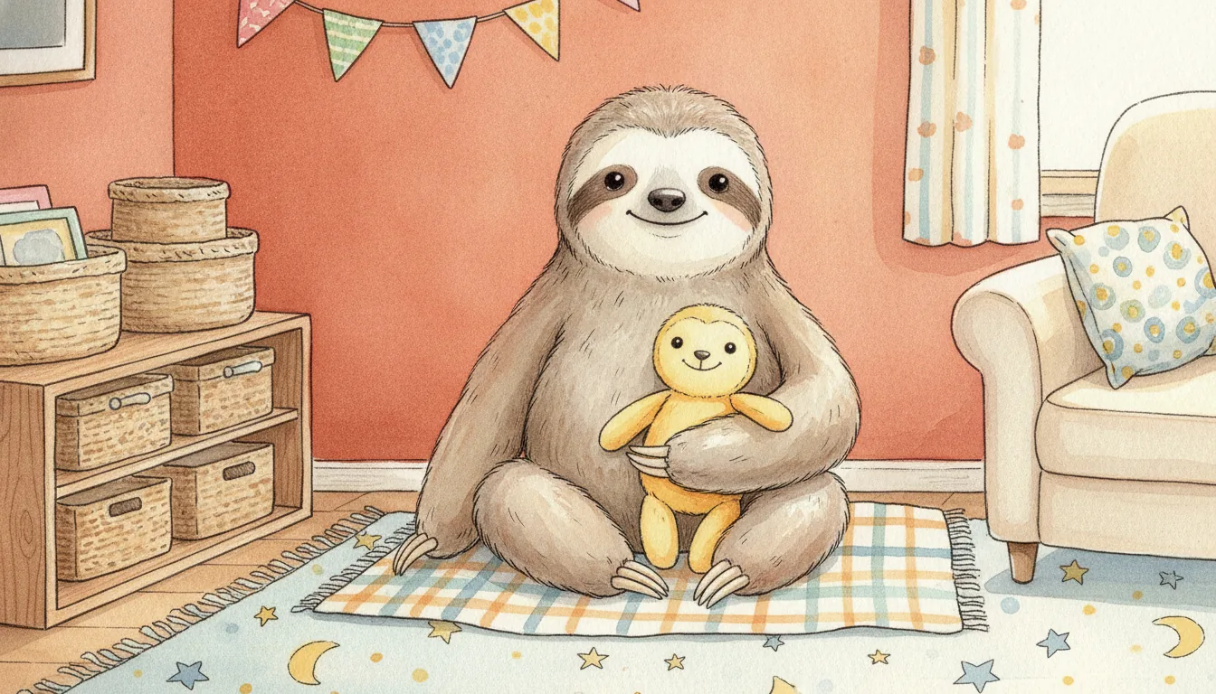 Plüsch-Faultier sitzt neben einem kleineren Stofftier auf einer Decke, als warmes Aquarell illustriert