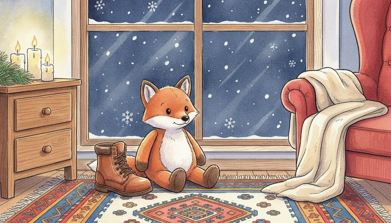 Plüsch-Fuchs sitzt bei Kerzenlicht neben einem Stiefel, draußen Schnee, als Aquarell illustriert