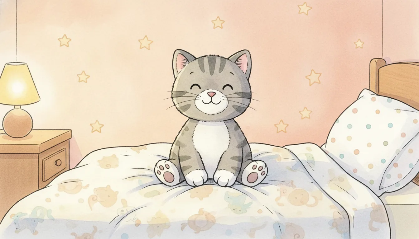 Getigerte Plüsch-Katze sitzt auf einem Kinderbett neben einer warmen Nachttischlampe, als warmes Aquarell illustriert