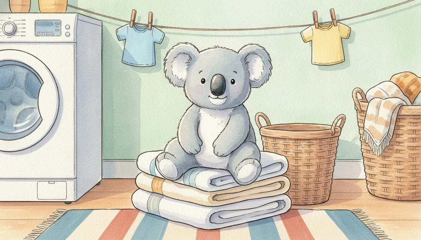 Plüsch-Koala sitzt neben einem Wäschekorb und einer Wäscheleine, als warmes Aquarell illustriert