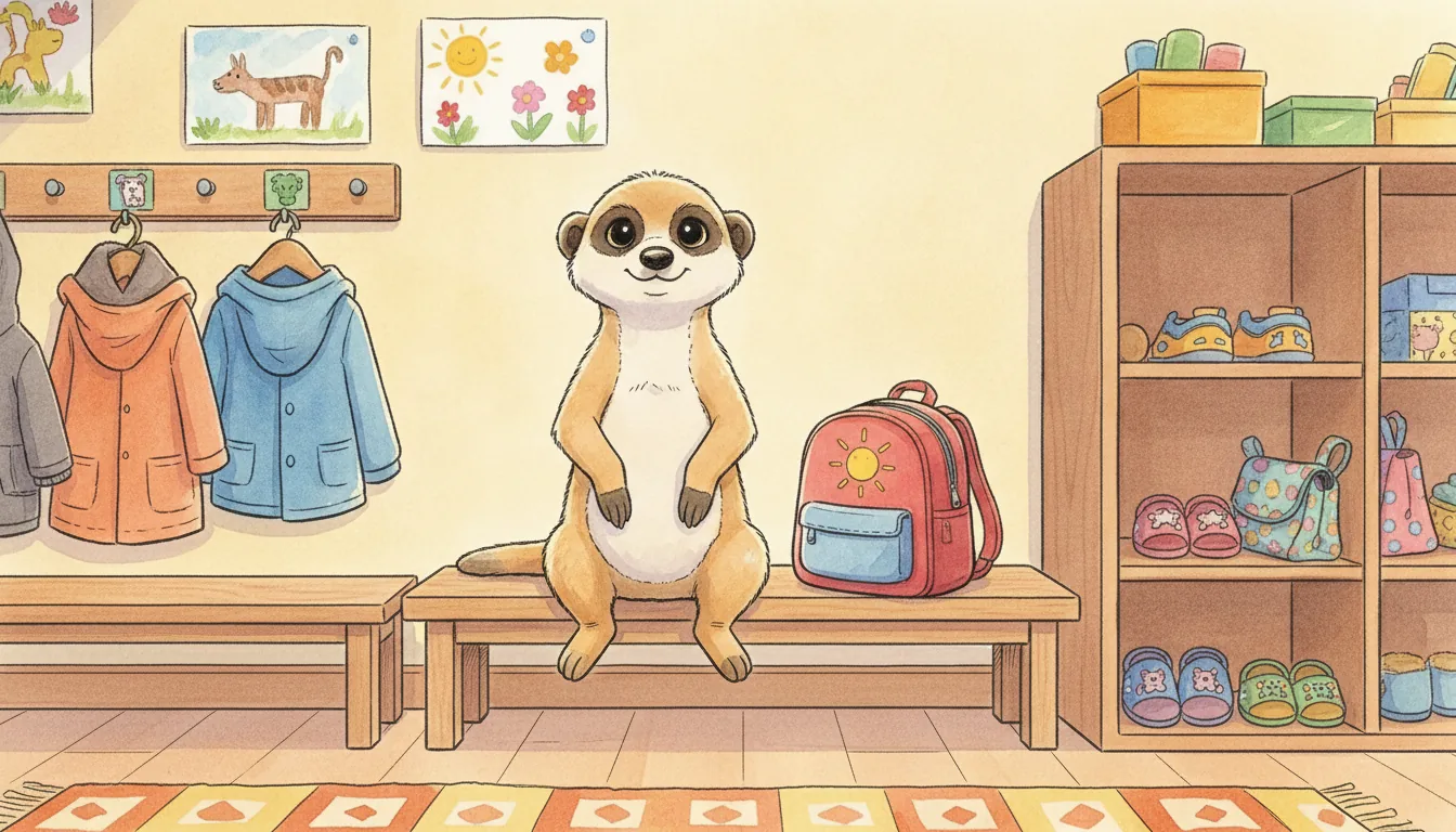 Plüsch-Erdmännchen sitzt aufrecht neben einem kleinen Kinderrucksack, als warmes Aquarell illustriert