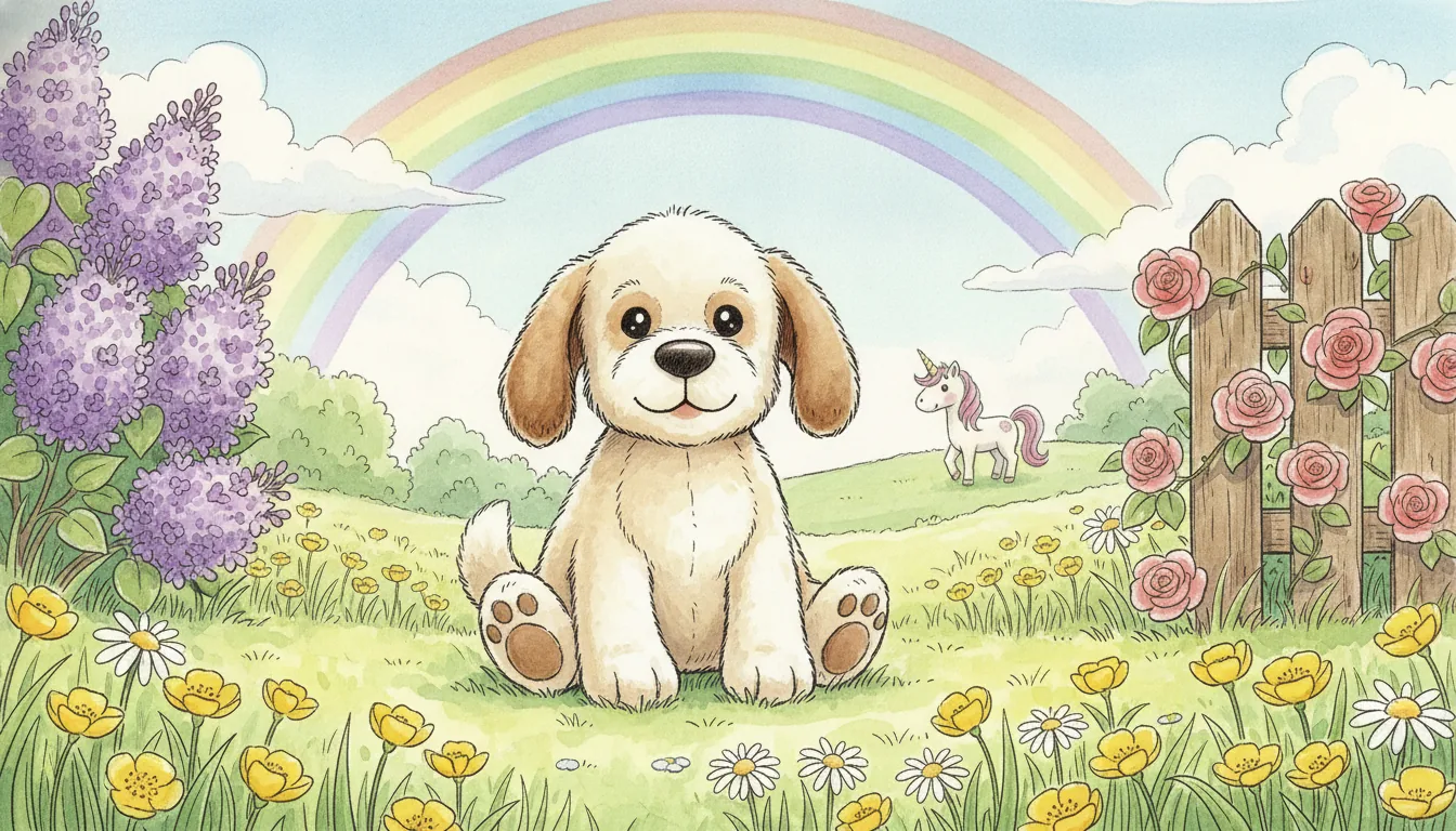 Plüsch-Hund sitzt auf einer Blumenwiese unter einem Regenbogen, im Hintergrund ein kleines Einhorn, als Aquarell illustriert