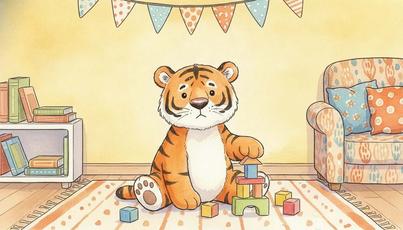 Plüsch-Tiger sitzt ruhig neben einem umgekippten Bauklotzturm, als warmes Aquarell illustriert