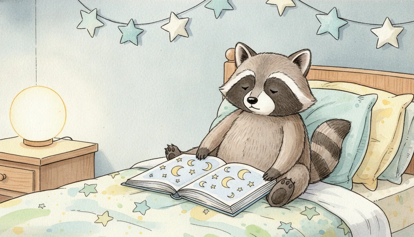 Plüsch-Waschbär sitzt mit einem aufgeschlagenen Bilderbuch auf einem Kinderbett, als warmes Aquarell illustriert