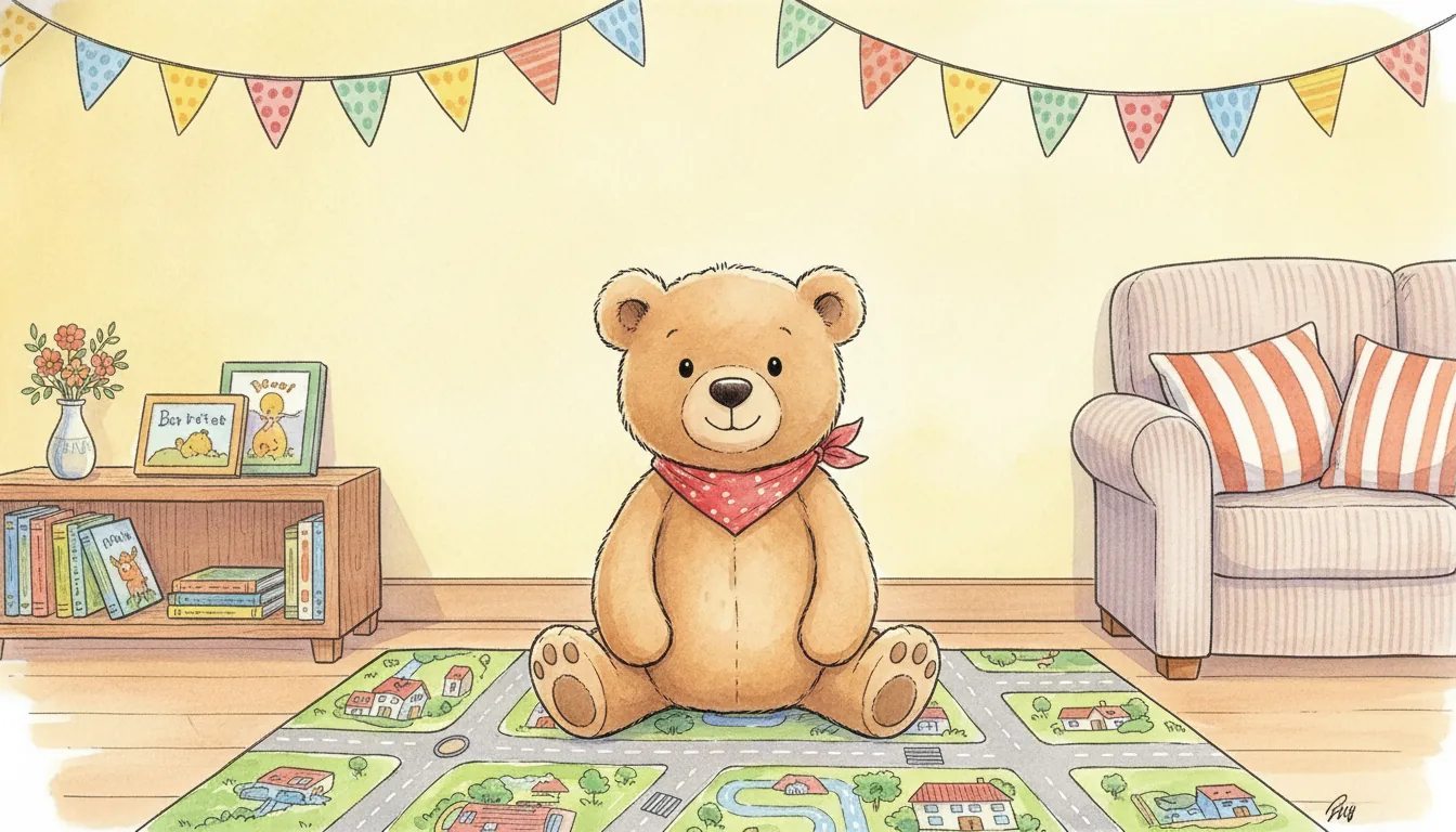 Honigbrauner Plüsch-Bär sitzt auf einem Spielteppich im hellen Wohnzimmer, als warmes Aquarell illustriert