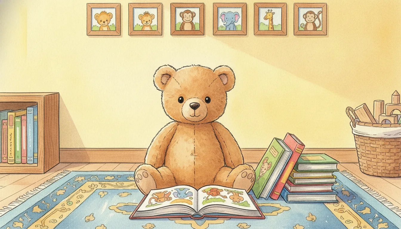 Plüsch-Bär sitzt vor einem aufgeschlagenen dicken Bilderbuch und einem Stapel Pappbücher, als warmes Aquarell illustriert